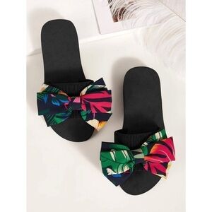 New black tropical bow sandals open toe slides summer vacation resort boho 36 6